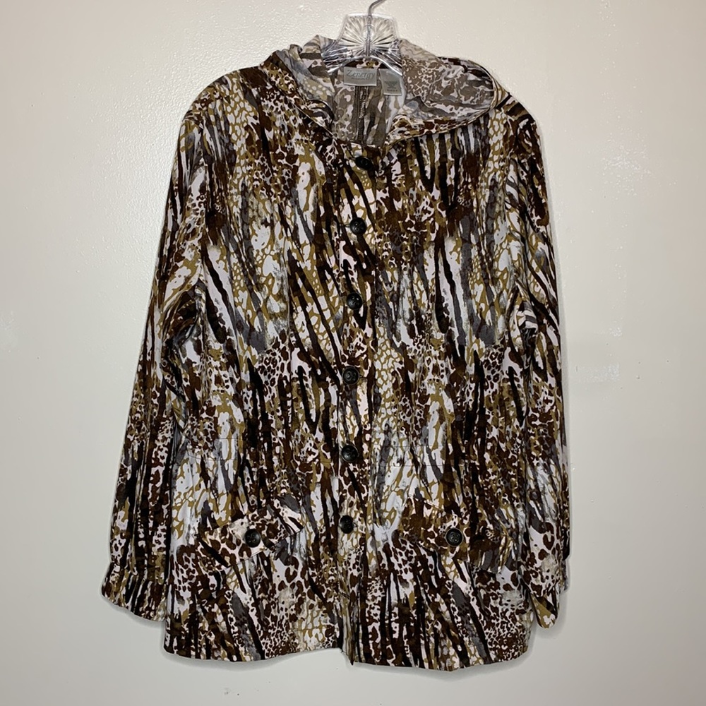 CHICO’S ZENERGY Jacket Brown & Gold Hoodie Button Front Drawstring Waistband 12